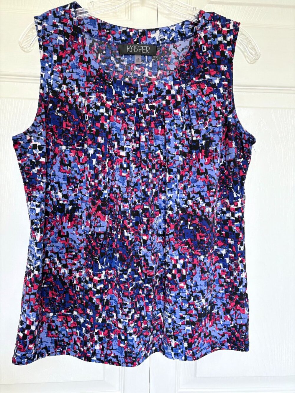 Kasper Blue Pink Abstract Confetti Pleated Neck Shell Size M